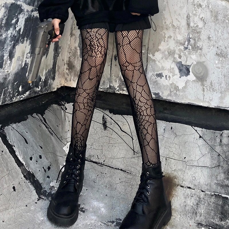 Women Dark Black Sexy Fishnet Pantyhose Tights Silk Spider Web Stockings Pantyhose Sexy Printed Mesh Stockings Thigh High Socks