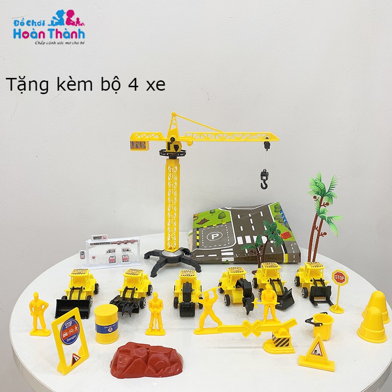 Đồ chơi ô tô 4 xe công trình xây dựng cỡ lớn Hoàn Thành, tặng kèm tháp cẩu,biển báo,đèn tín hiệu,bản đồ