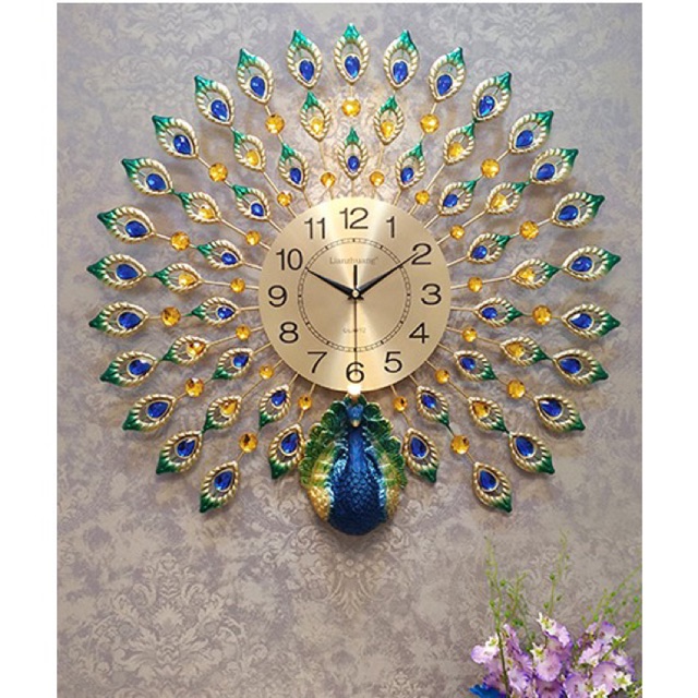 Đồng hồ trang trí công xòe hình quạt ( nữ hoàng công ) - KT 70x70cm - Đầu chim công màu xanh