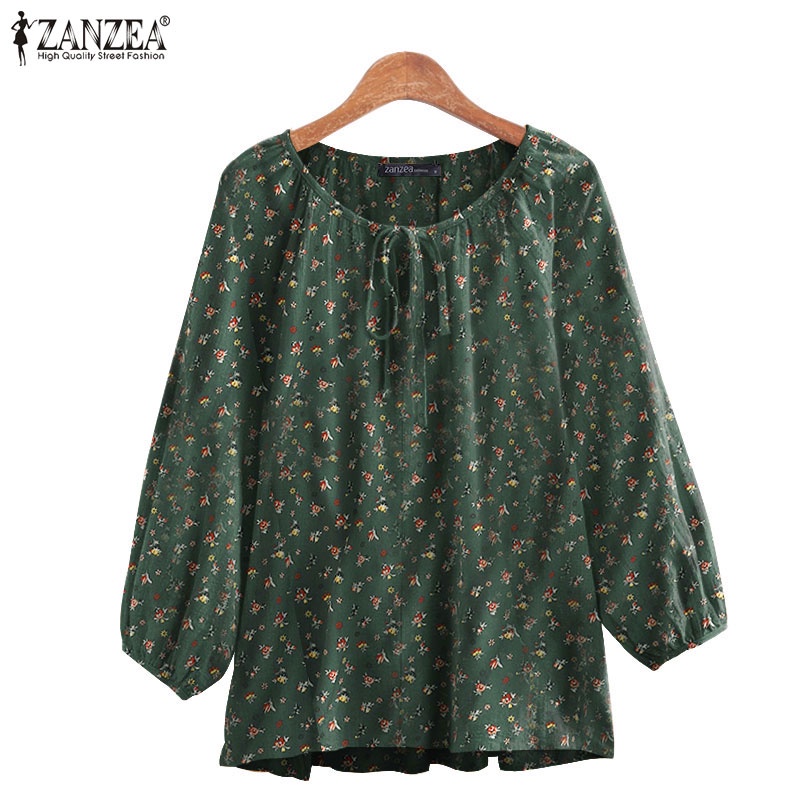 Áo kiểu ZANZEA tay lỡ 3/4 cổ thắt nơ phong cách vintage thời trang cho nữ