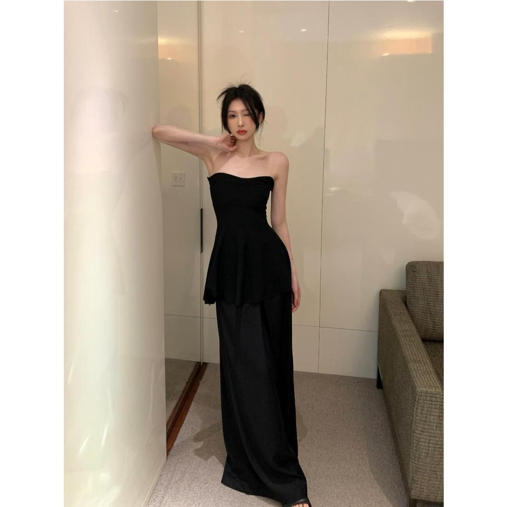 Cocory vn Bộ Áo Ngực Dáng Ôm / Quần Dài Ống Rộng Màu Đen Thời Trang Mùa Hè Quyến Rũ Cho Nữ