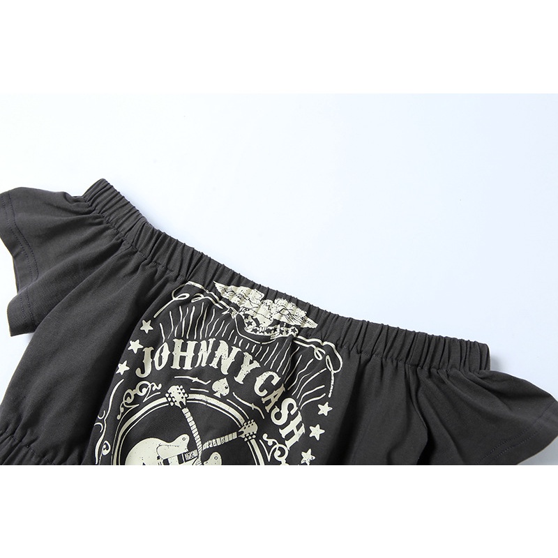 Áo Thun Nữ Ngắn Tay Lệch Vai In Chữ Thời Trang