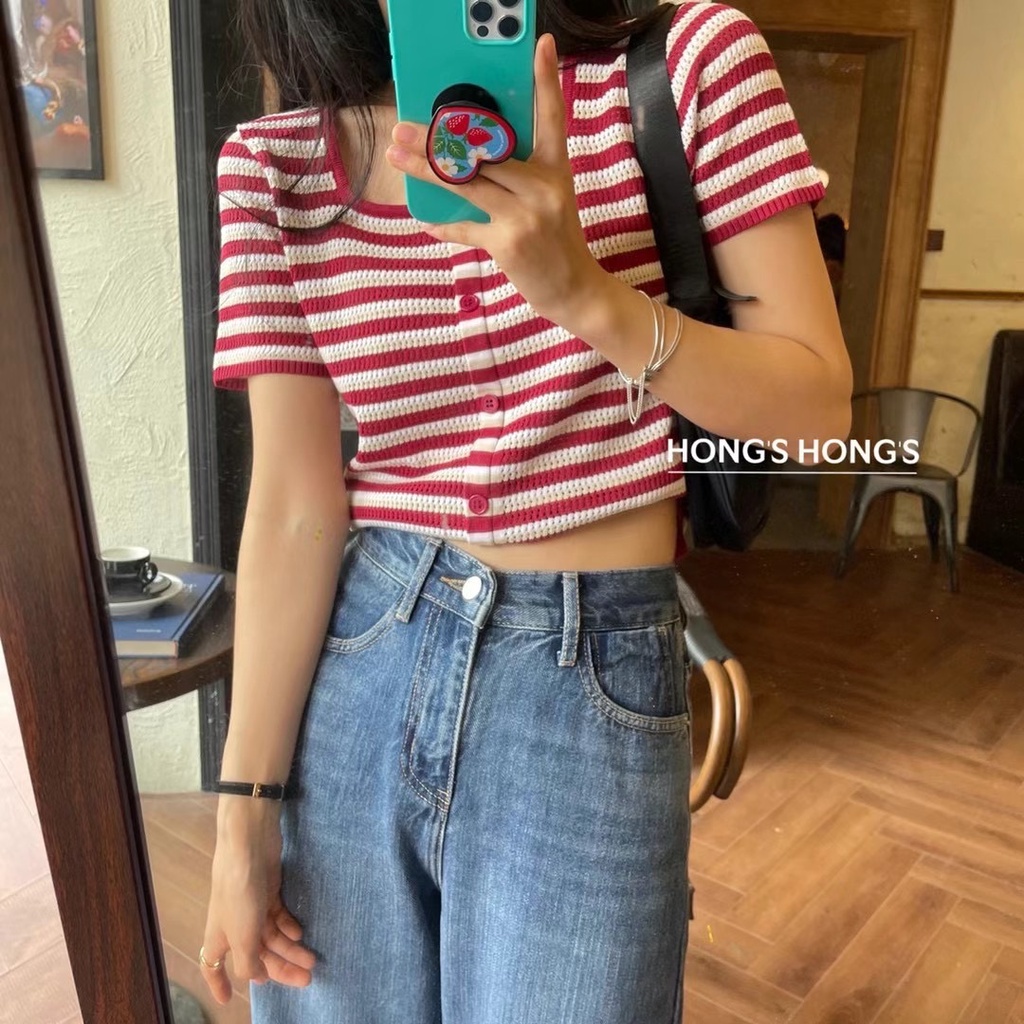 DUNEA Áo Thun Lửng Dệt Kim Họa Tiết Kẻ Sọc Thời Trang Mùa Hè Cho Nữ