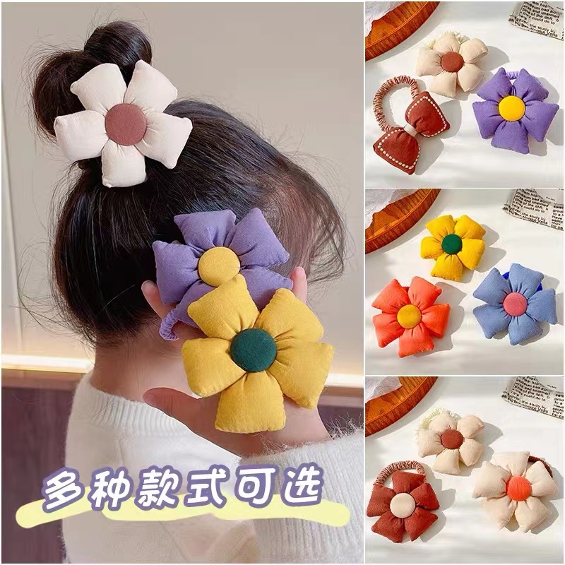 Dây Cột Tóc Cao Su Co Giãn Bọc Vải Cotton Họa Tiết Hoa Hướng Dương Dễ Thương Phong Cách Hàn Quốc Cho Bé Gái
