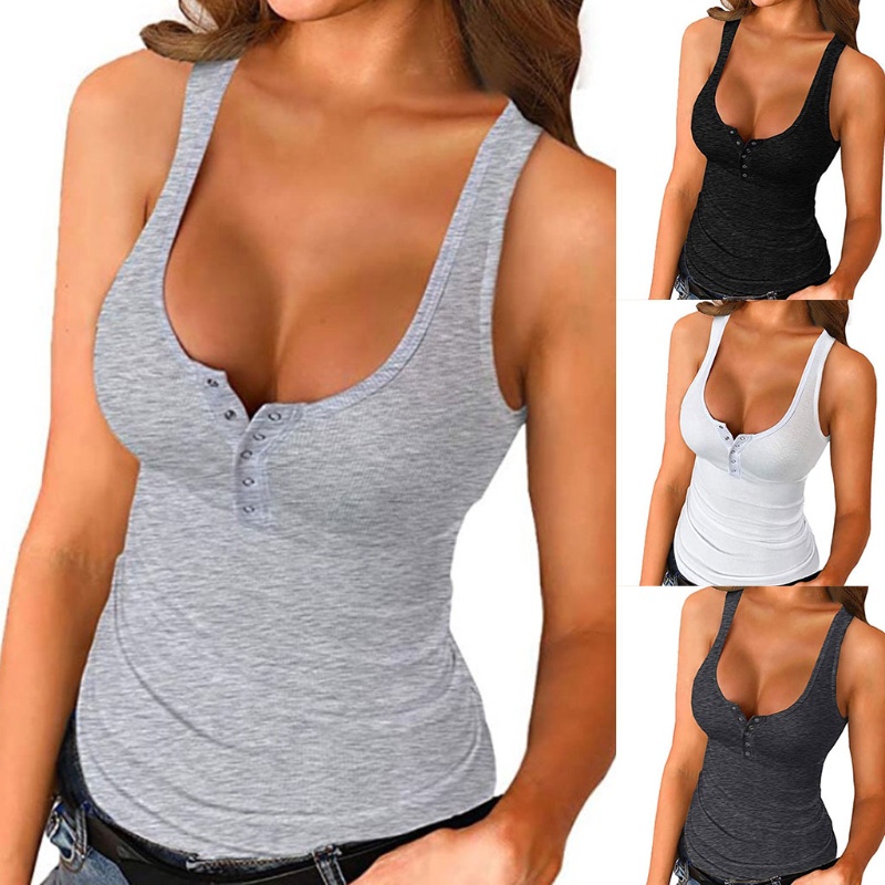 Áo Tank Top Dệt Kim Hai Dây Cổ Chữ U Khoét Sâu Cài Khuy Gợi Cảm Cho Bạn Gái