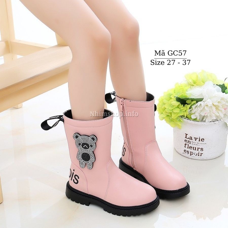 Giày bốt cổ cao cho bé gái 3 - 12 tuổi màu hồng khóa kéo điệu đà và duyên dáng phong cách Hàn Quốc GC57