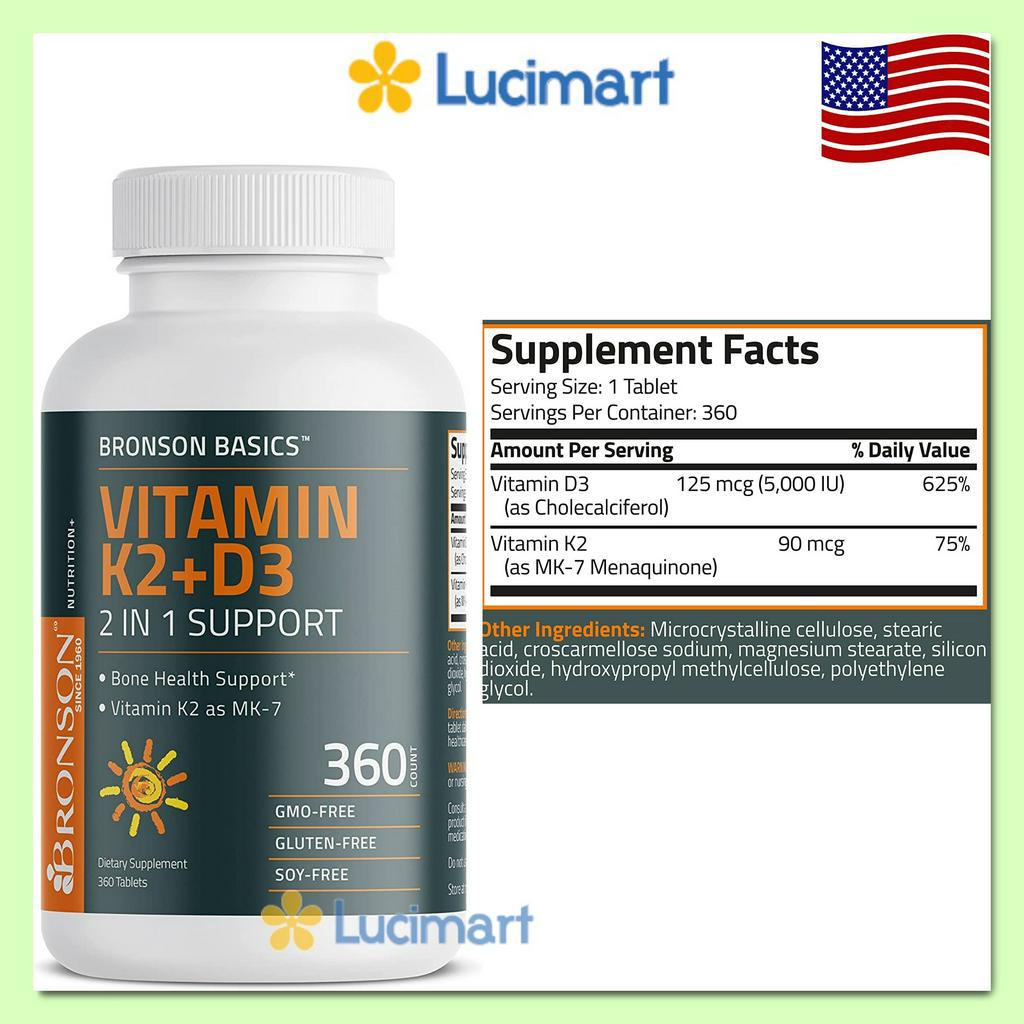 Viên uống Vitamin K2 D3 Bronson 2in1 hũ 120 viên / 360 viên [Hàng Mỹ hạn dùng 12-2024]