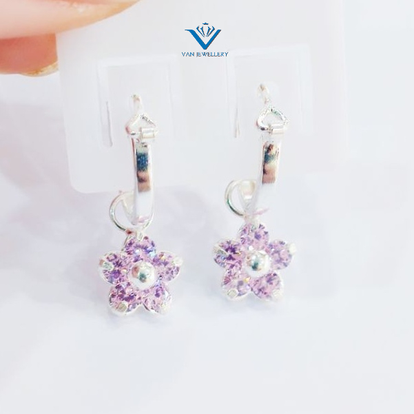 Bông tai bạc Bông Hoa đính đá bạc ta cho bé Van Jewelry V10514