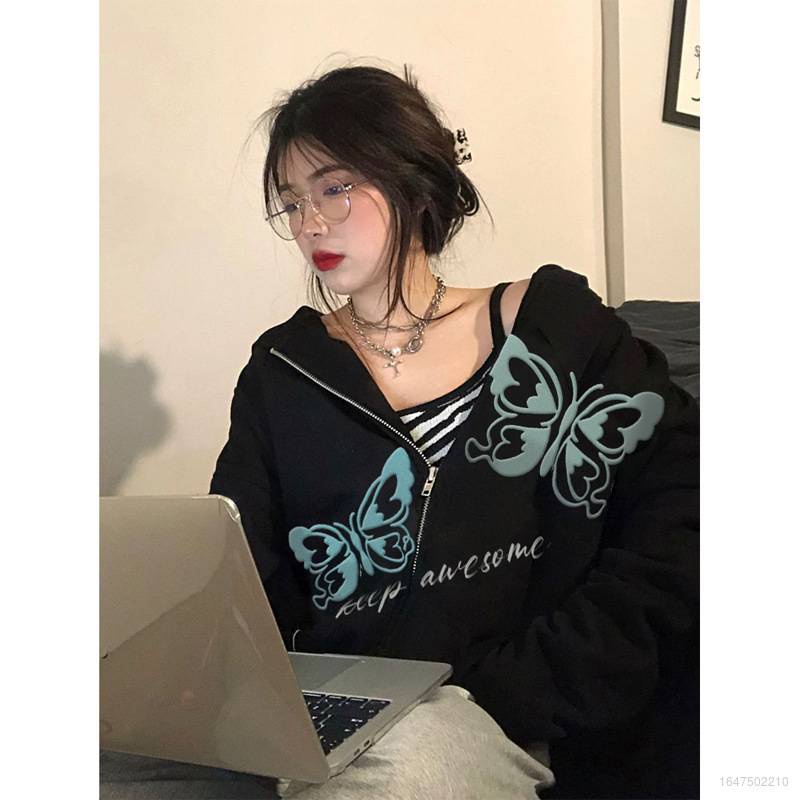 Áo Khoác Cardigan Có Mũ Dáng Rộng Màu Đen Thêu Hình Bướm Phong Cách Retro Mỹ Cá Tính Cho Nữ