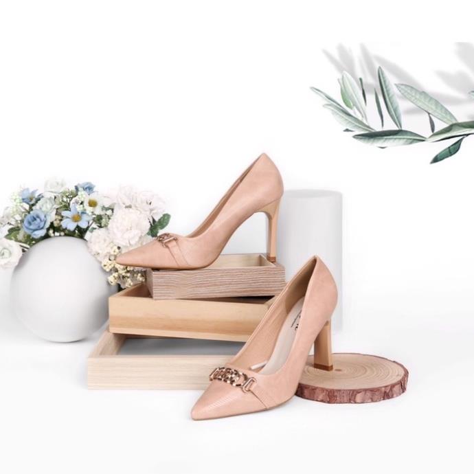 Sẵn Giày cao gót 8cm HT.NEO Da bò thật mềm mại, đính khuy kim loại cùng quai da, lót trong êm ái CS202