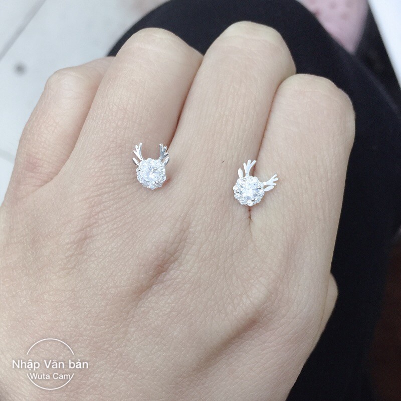 Khuyên tai đôi tuần lộc nụ đá nhỏ nhân tạo xinh xắn bạc đẹp chuẩn