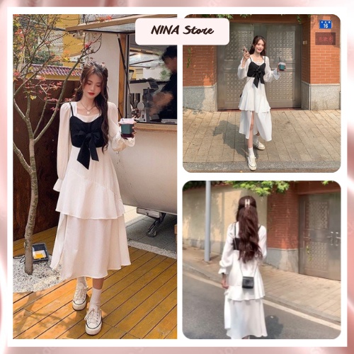 Váy Nữ Đầm Nữ Trắng Cổ Vuông Dáng Dài Lệch Tầng Tay Bồng Tiểu Thư Phong Cách Retro Váy Đi Tiệc Ninastore