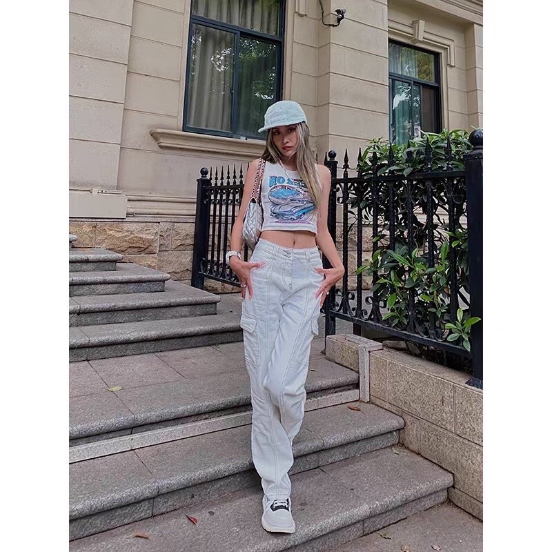 *kèm ảnh thật* Quần jeans nữ, cargo pants túi hộp màu trắng kem in hoạ tiết phía sau kiểu dáng vintage