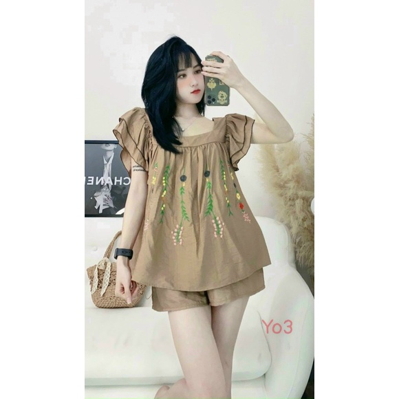 (Free Ship) SÉT ĐŨI BÈO THÊU HOA MẶC NHÀ KẾT HỢP ĐI CHƠI MÁT CỰC XINH PU HHp Fashion