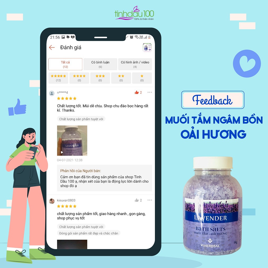 Muối tắm ngâm bồn oải hương lavender Viherbsal tẩy tế bào chết cho da mềm mại hũ 1kg Tinh Dầu 100 Shop