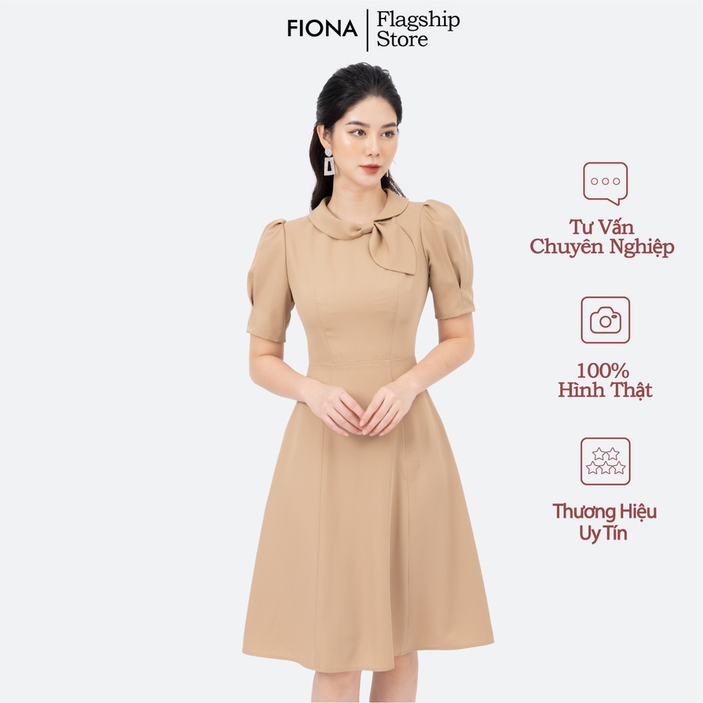 Đầm nữ dáng xòe nhẹ, đầm công sở cổ nơ cách điệu tay lỡ xếp ly FIONA F451422