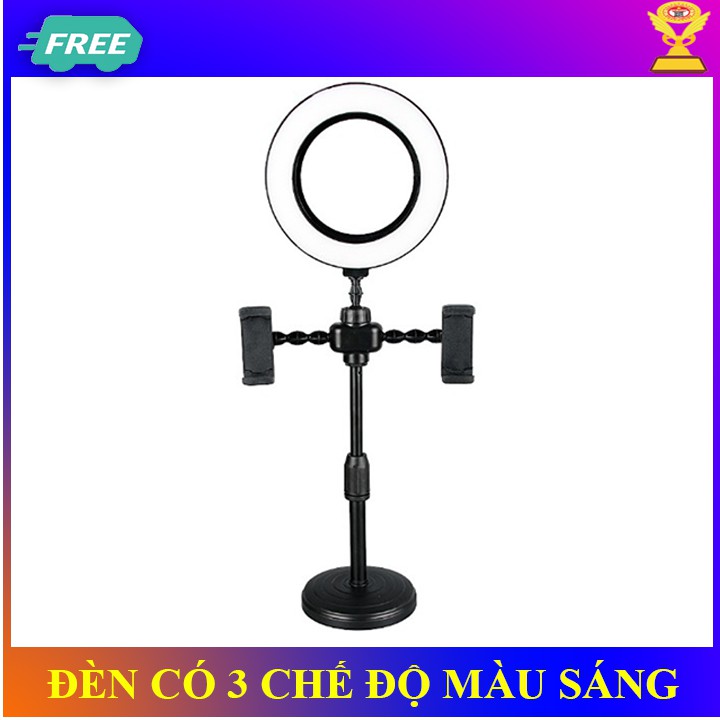 Đèn Livestream size 21cm và  giá đỡ 2 điện thoại Hỗ Trợ Chụp Ảnh Make up Trang Điểm 3 Chế Độ Sáng
