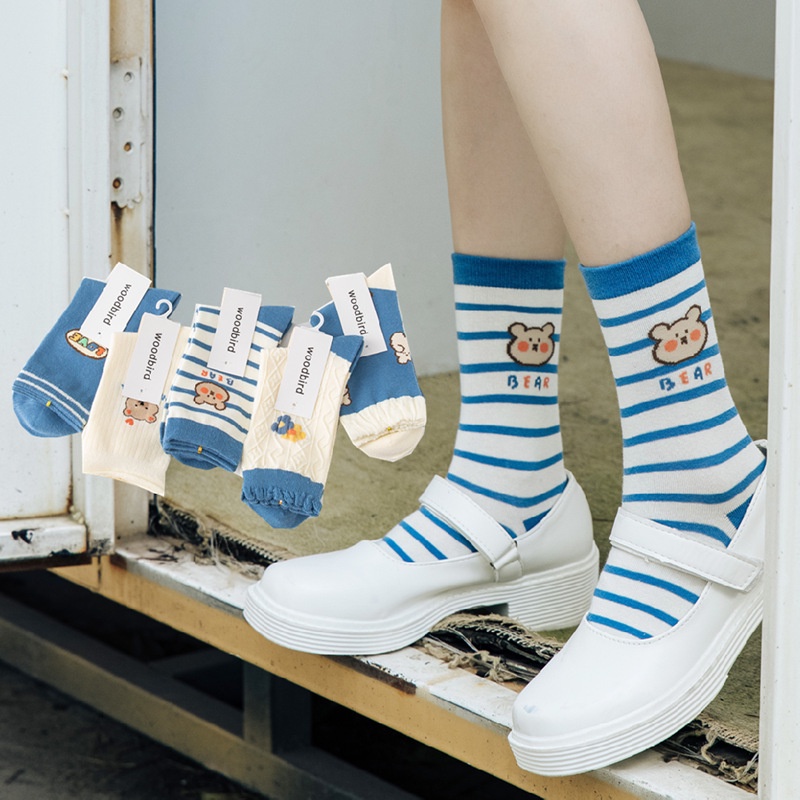 WAFNHA D608 Vớ cotton Thêu Hình Gấu Phong Cách Hàn Quốc Dành Cho Nữ