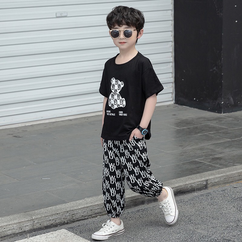 Bộ quần áo hè "GẤU XE " 14-45kg cho bé trai 4-14 tuổi. Co giãn, thấm hút mồ hôi. G3