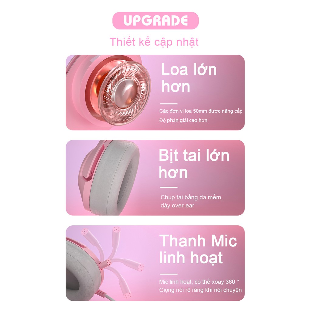 Tai nghe chơi game tai mèo ONIKUMA K9  hồng hiệu ứng âm thanh 7.1 với điện thoại máy tính xách tay giảm tiếng ồn