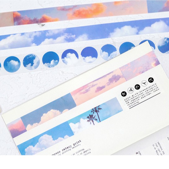 Băng keo washi tape màu mây trời Sticker Cloud hình tròn, trái tim trang trí planner sổ tay bullet journal Bosuashop