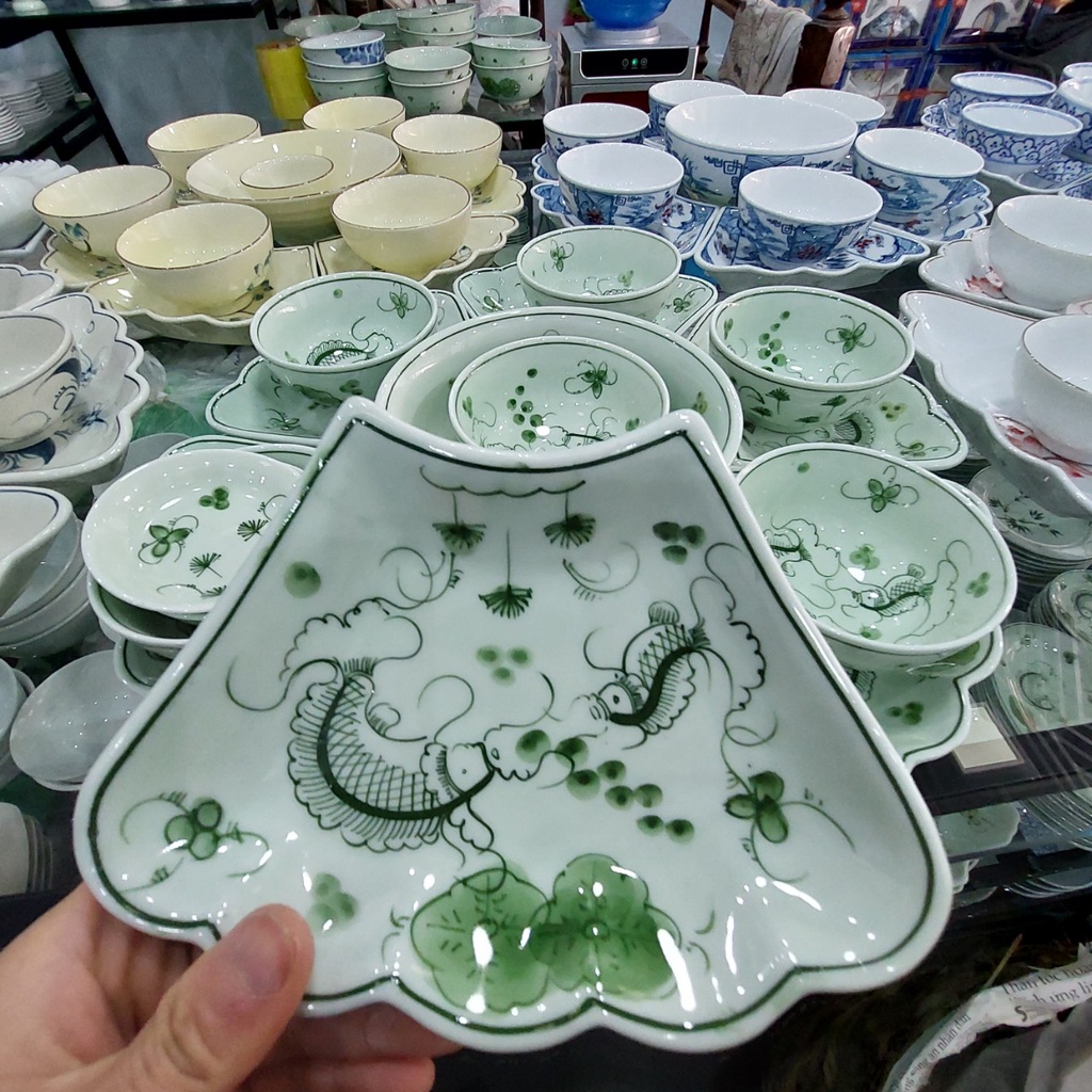 Bộ bát đĩa hoa mặt trời men kem xanh hoa văn cá chép, Hàng gốm sứ Bát Tràng chính hãng, Bộ -15 món