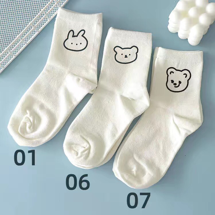 Tất Nữ Cổ Cao, Vớ Nữ Dễ Thương, Tất Trắng Basic Dễ Phối Đồ Hình Cute, Chất Cotton Co Dãn