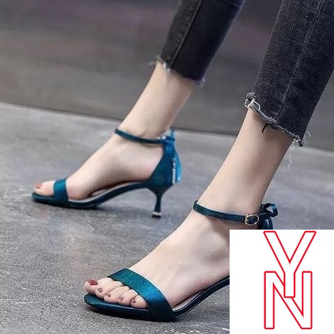 Giày Sandal Cao Gót Quai Ngang Màu Xanh Dương Thời Trang Mùa Hè Mới 2021