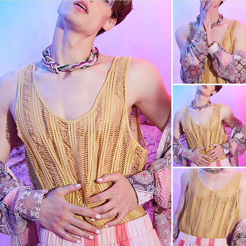 Áo lưới ba lỗ INCERUN xuyên thấu kẻ sọc nhiều màu sắc phong cách hippie cho nam