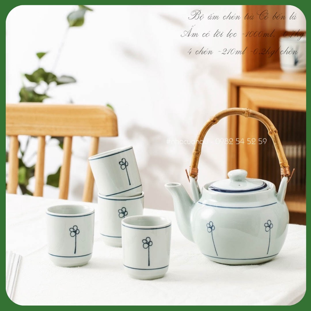 Bộ ấm chèn bình trà sứ - CỎ BỐN LÁ - thanh lịch thích hợp thưởng trà, quà, tân gia, doanh nghiệp sẵn có tại nhà của Nâu