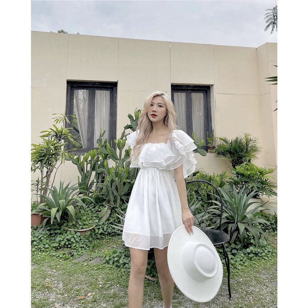 Váy babydoll trễ vai - Váy trễ vai công chúa xoè bồng chất voan đũi cát chuẩn đẹp Chang Bi Shop