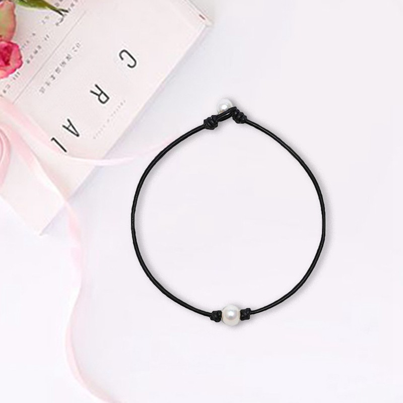 (Miễn Phí Giao Hàng) Vòng Cổ Choker Da Đen Đính Hạt Giả Ngọc Trai