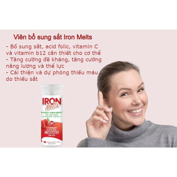 [Hàng chuẩn Úc] Viên ngậm bổ sung sắt Iron melts chewable vị dâu 50 viên của Úc