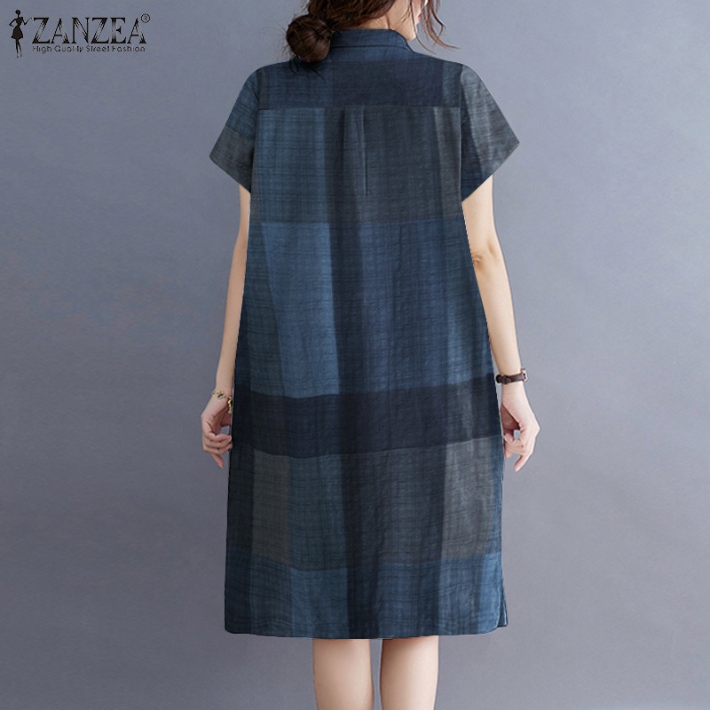 Đầm Midi ZANZEA tay ngắn cổ bẻ dáng rộng họa tiết caro thời trang cho nữ