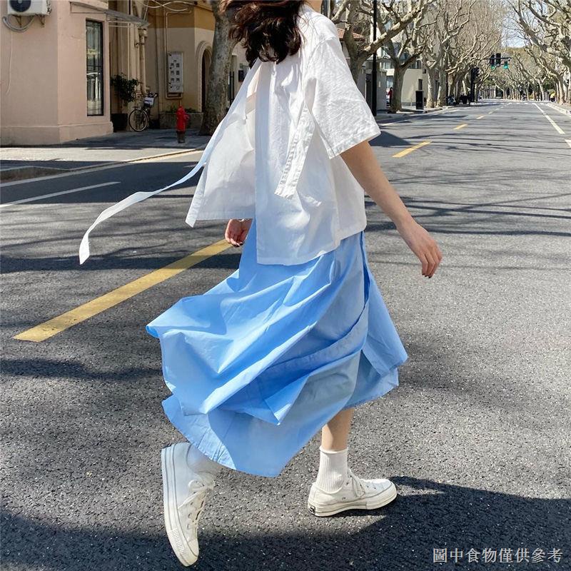 Bộ Áo Thun Ngắn Tay + Chân Váy Dài Màu Xanh Da Trời Phong Cách Preppy Nhật Bản