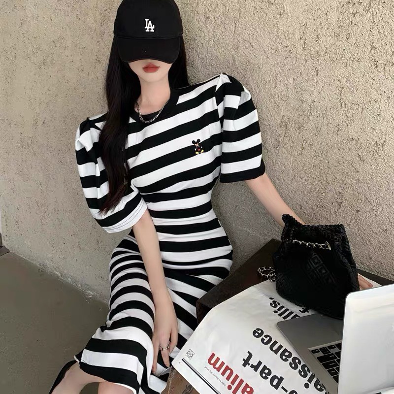 váy body kẻ hở lưng,đầm dáng dài chất zip co giãn độ body-Maithoshop