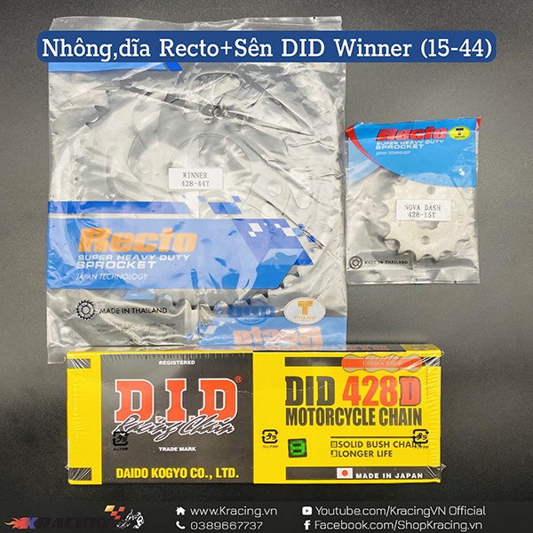 Nhông sên dĩa Recto + DID 9li cho Winner 15-44T(Hàng chính hãng)