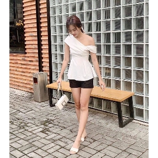 (ẢNH THẬT) Áo kiểu, áo nữ dáng peplum trễ vai 1 bên mặc được 2 kiểu màu trắng AK1