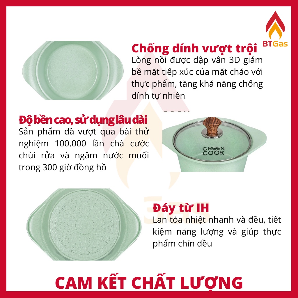 Nồi đúc đáy từ Green Cook, nồi chống dính đáy từ men đá xanh ngọc Green Cook