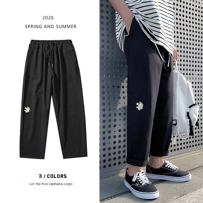 Quần baggy Wind unisex kaki ống suông Thêu Hoa Cúc nam nữ form rộng ullzang