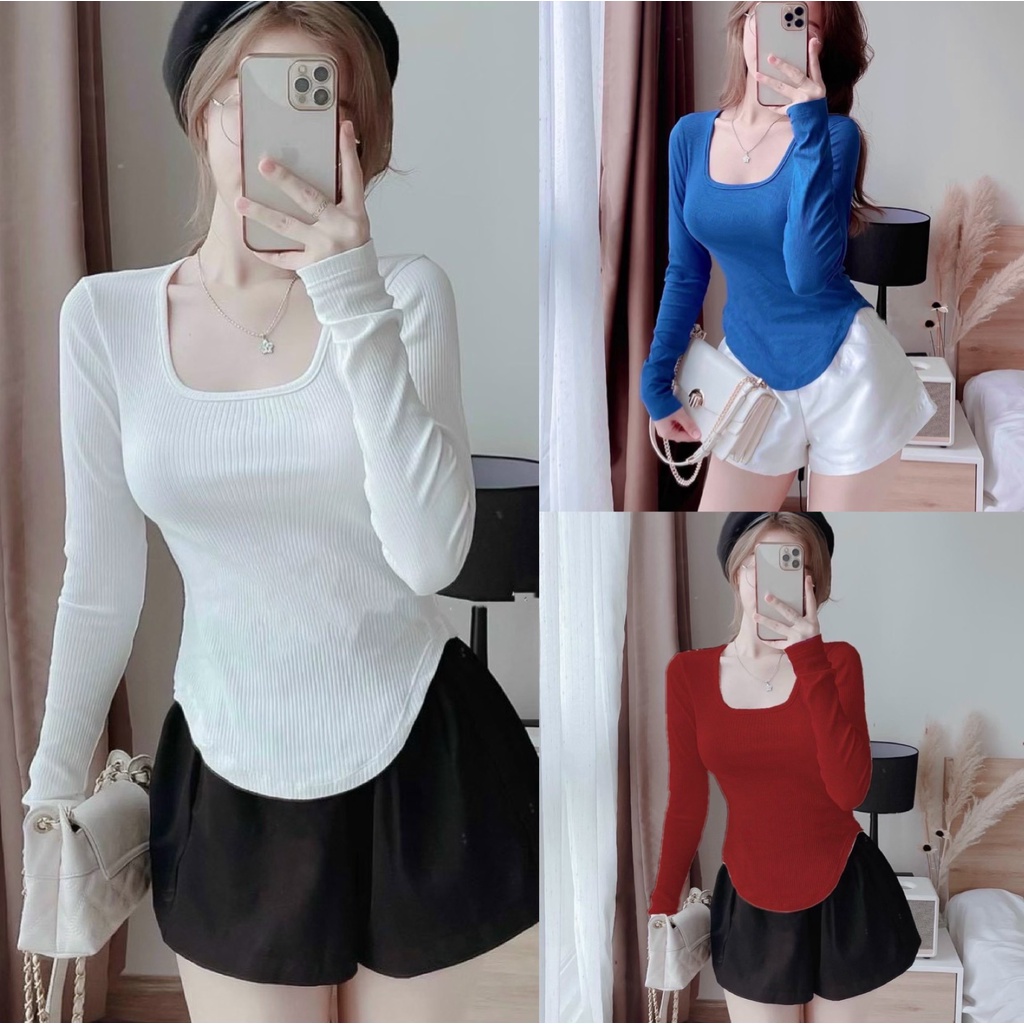 Áo thun tay dài nữ cổ vuông vạt bầu ôm body nữ xinh