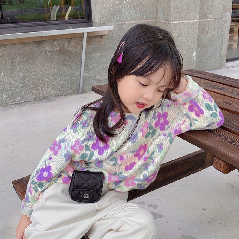 Áo Sweater Dệt Kim Mỏng Tay Dài In Hoa Thời Trang Xuân Thu Cho Bé Gái
