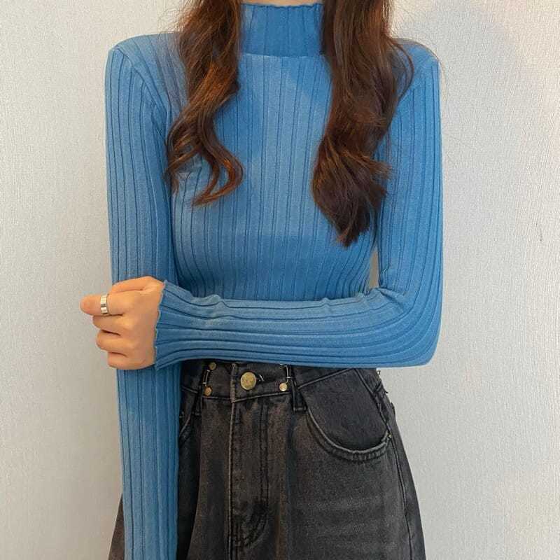 Áo Dệt Kim Cổ Lọ Tay Dài Dáng Ôm Họa Tiết Kẻ Sọc Thời Trang Mùa Đông Cho Nữ