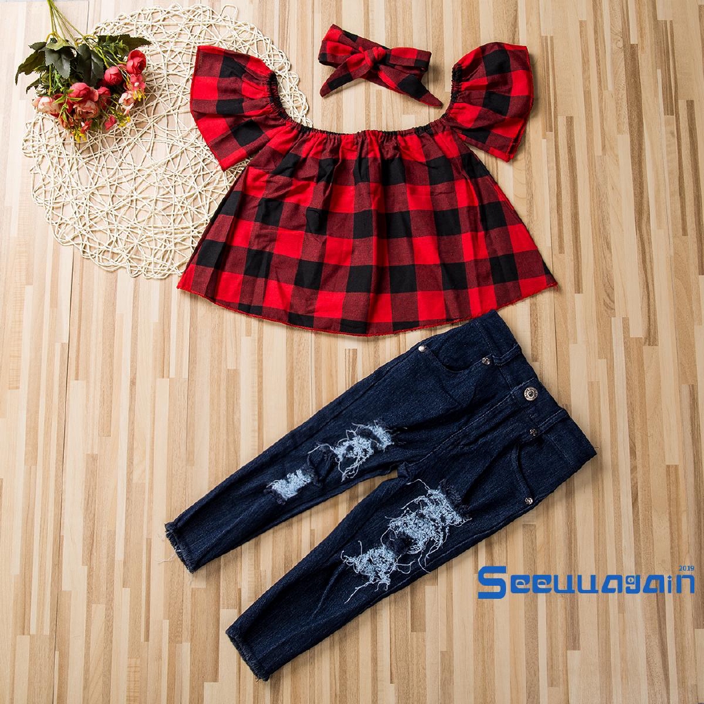 Set Áo Trễ Vai+Quần Jeans Rách Cho Bé Gái