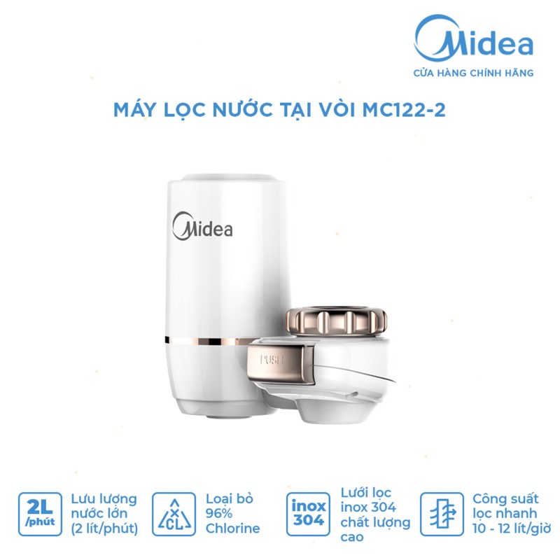 Máy lọc nước trực tiếp tại vòi Midea MC122-2 - Loại bỏ 96% Chlorine (cả mùi và vị) - Hàng chính hãng bảo hành 1 năm