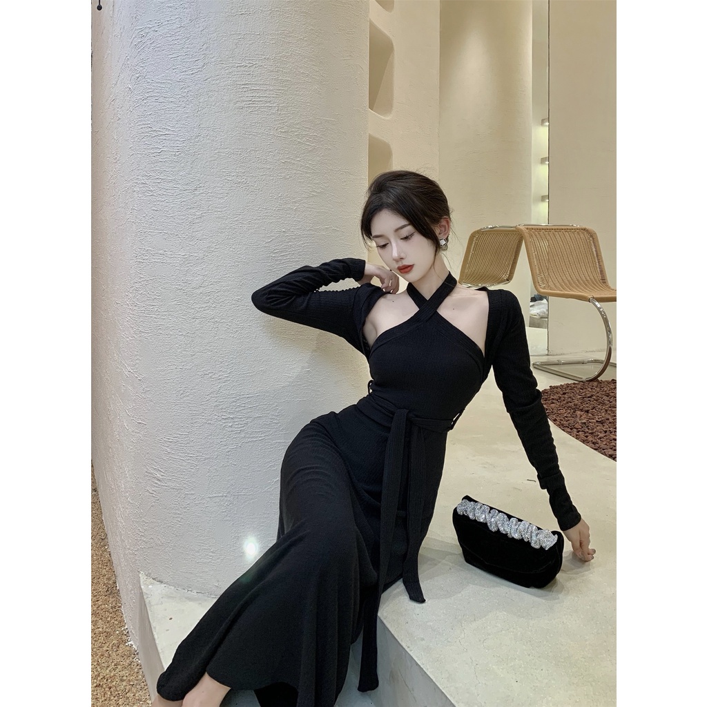 Set đồ COZOKC gồm đầm và áo khoác cardigan dáng ngắn phong cách cổ điển