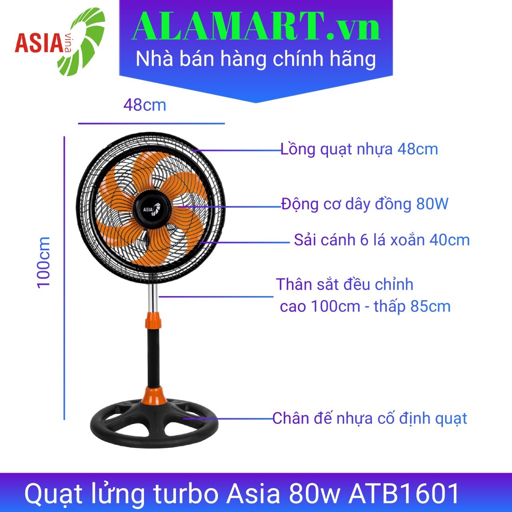 Quạt lửng Asia TURBO 6 cánh  - bán công nghiệp - ATB1601- bảo hành 2 năm