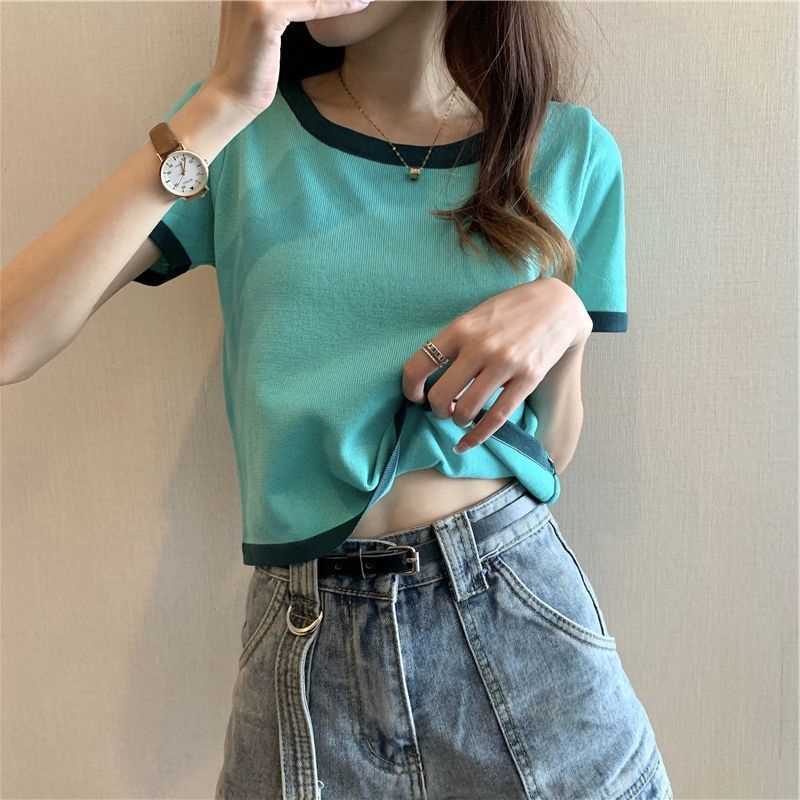 Áo Thun Tay Ngắn Cổ Tròn Màu Sắc Tương Phản Thời Trang Mùa Hè Phong Cách Hàn Quốc Cho Nữ