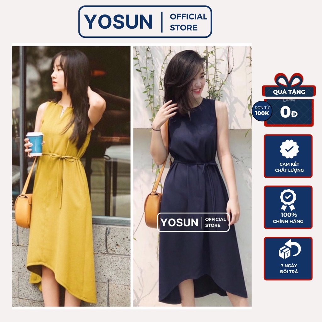 Đầm Nữ Công Sở Tà Lệch Eo Cột Dây Thanh Lịch, Váy Dạo Phố Đi Chơi Cổ Tròn Sát Nách Basic 2 Màu Vàng Xanh