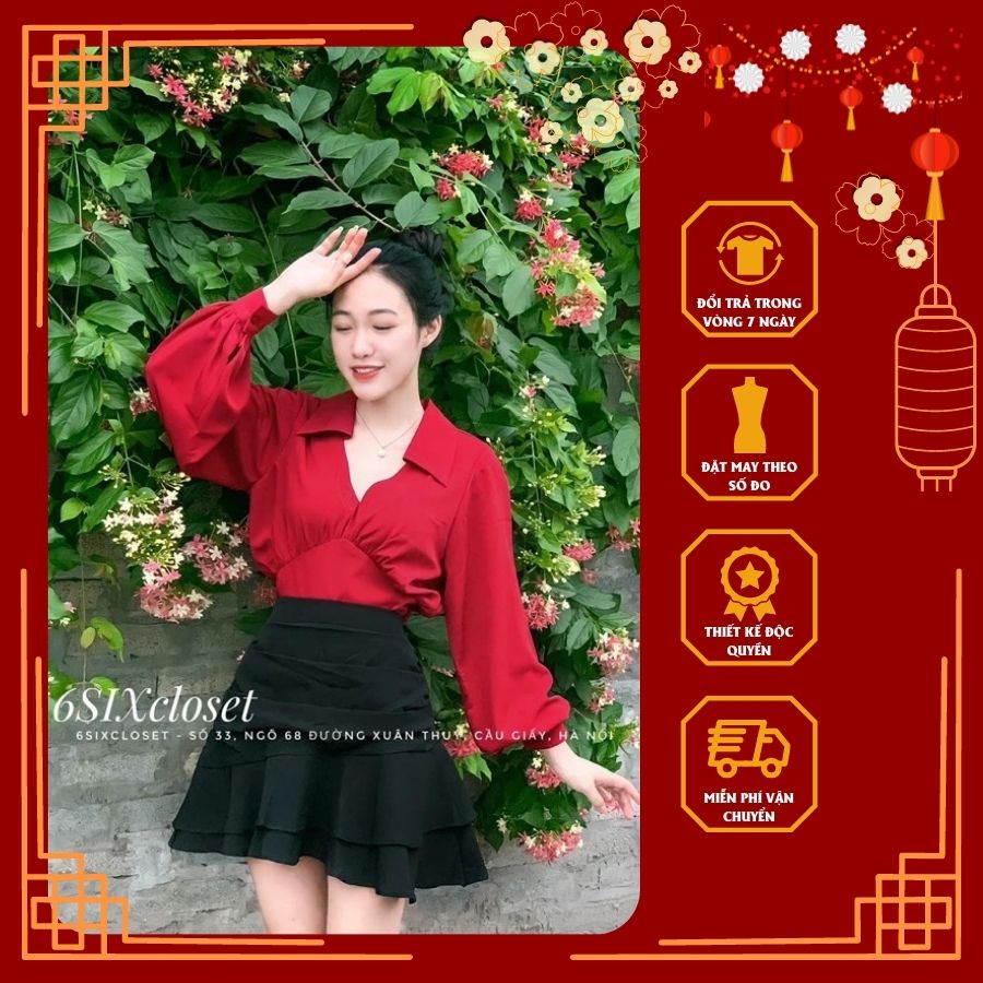 Áo sơ mi nữ đỏ bo gấu tay bồng chun sau thời trang công sở 6SIX closet
